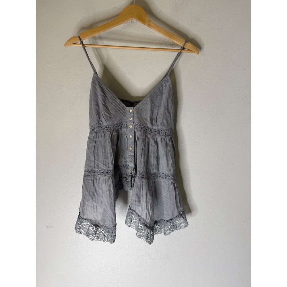 Zara TRF Grey Blue Cotton Gauze Lace Trim Boho Cami Top 0881/024/485 XS NWT